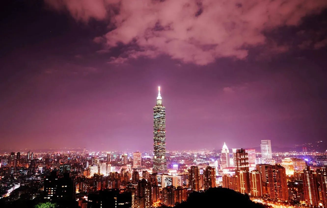 Photo wallpaper City, Light, skyline, Neon, Taipei, 101, Tower
