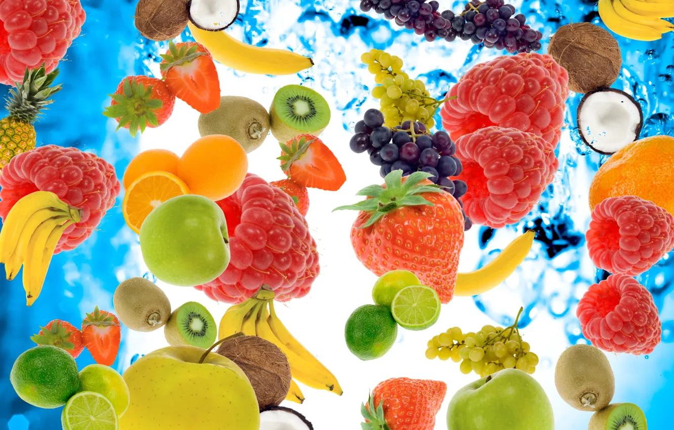 Photo wallpaper water, berries, raspberry, apples, coconut, kiwi, strawberry, grapes