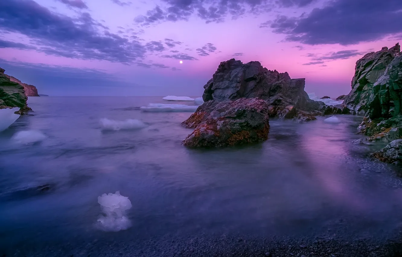 Photo wallpaper sea, purple, sunset, rocks