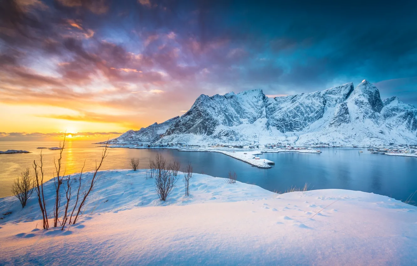 Photo wallpaper winter, light, snow, mountains, the fjord
