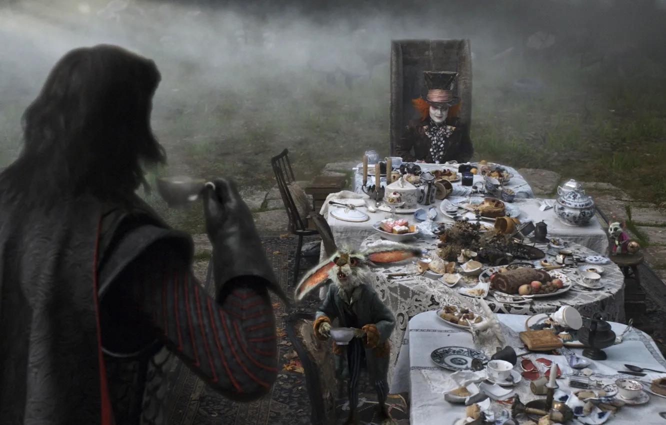 Photo wallpaper Johnny Depp, rabbit, the tea party, Alice in Wonderland, Alice in Wonderland, Mad Hatter, black …