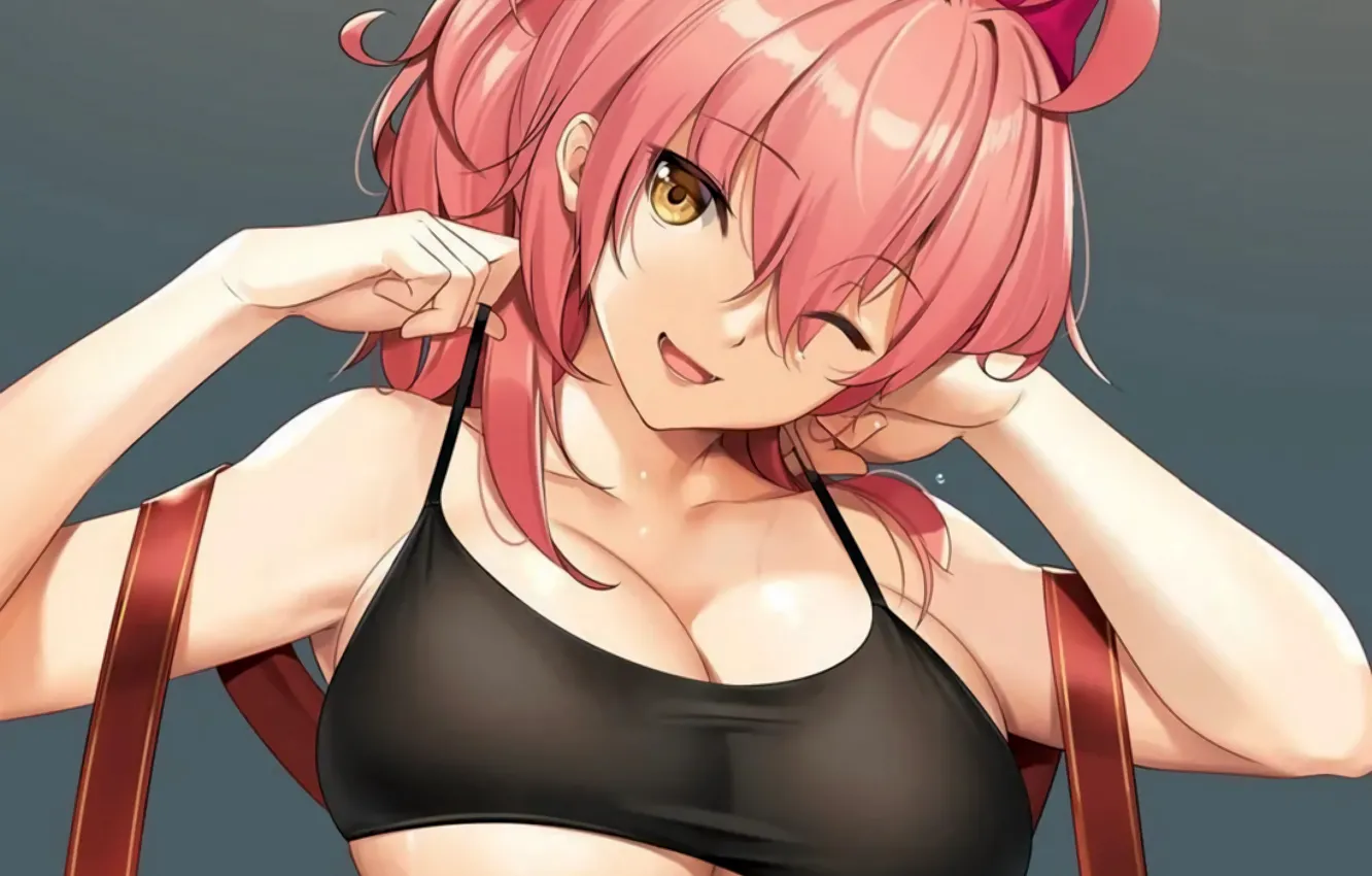 Photo wallpaper girl, sexy, cleavage, pink hair, long hair, boobs, anime, beautiful