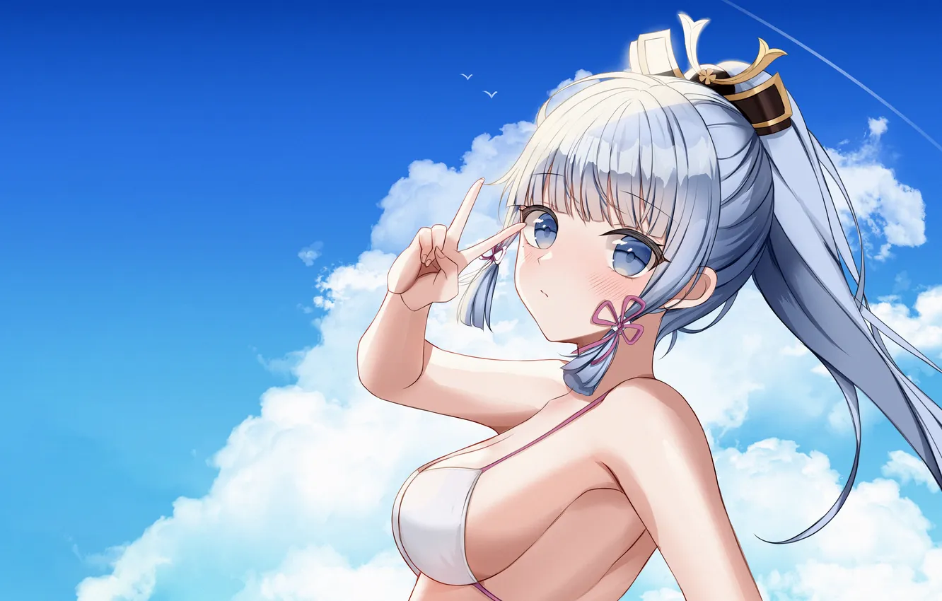 Photo wallpaper girl, sexy, cleavage, beach, long hair, boobs, anime, blue eyes