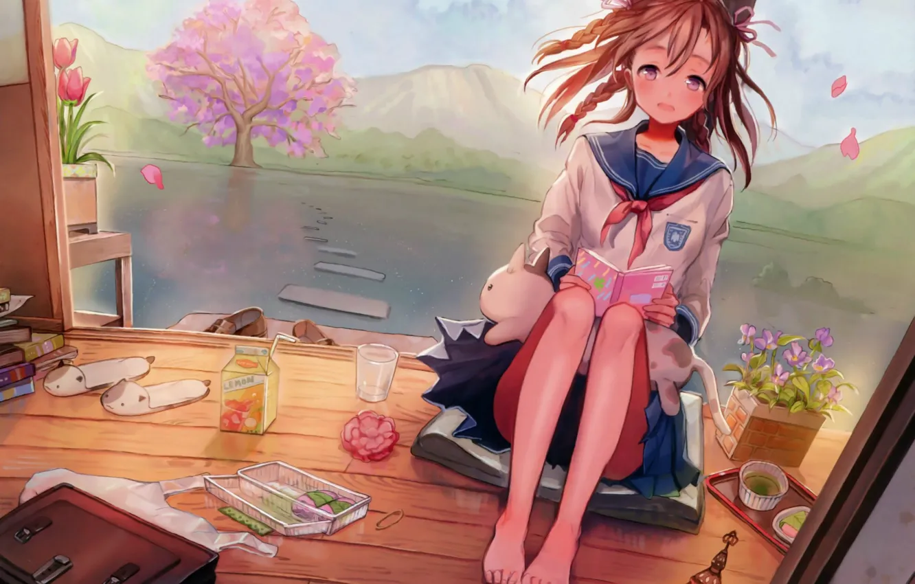 Photo wallpaper lake, hills, Sakura, tulips, book, red, schoolgirl, portfolio