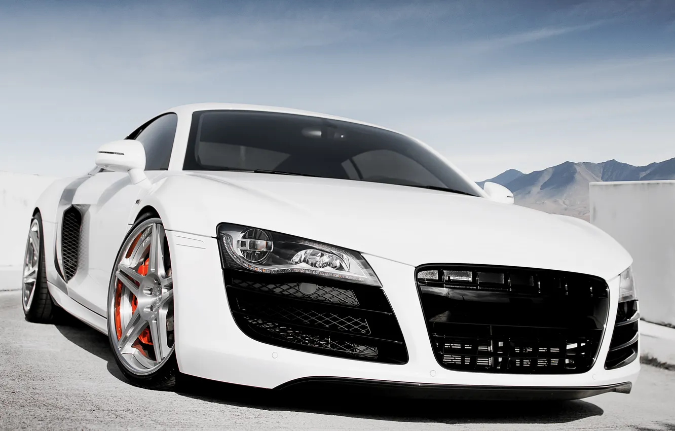 Photo wallpaper white, the sky, mountains, Audi, Audi, Parking, white, the front part