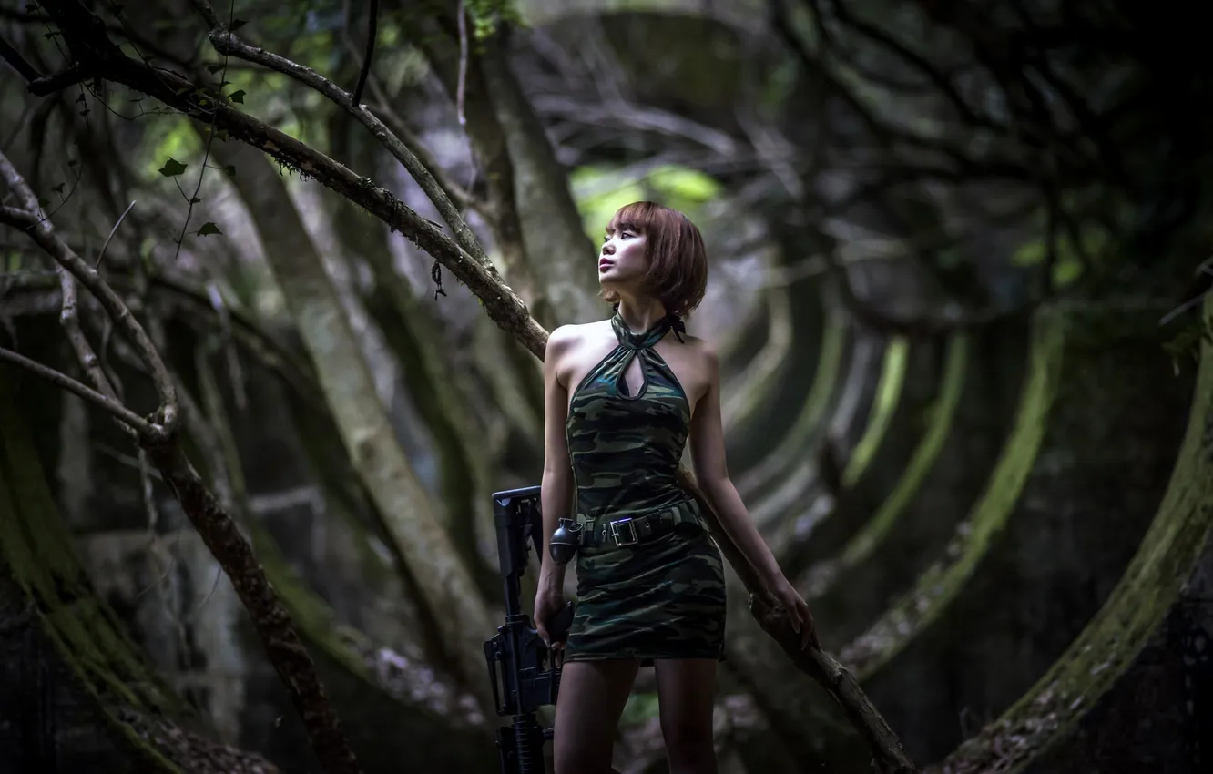 Photo wallpaper girl, weapons, the ruins, Asian, garnet, assault rifle