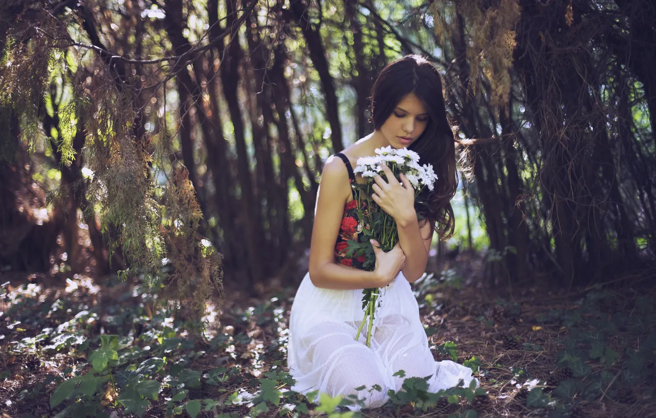 Photo wallpaper forest, girl, flowers