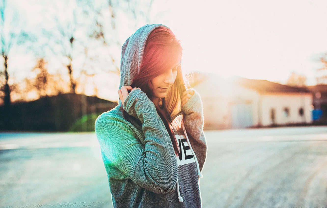 Photo wallpaper eyes, girl, the sun, hair, The hood, lips
