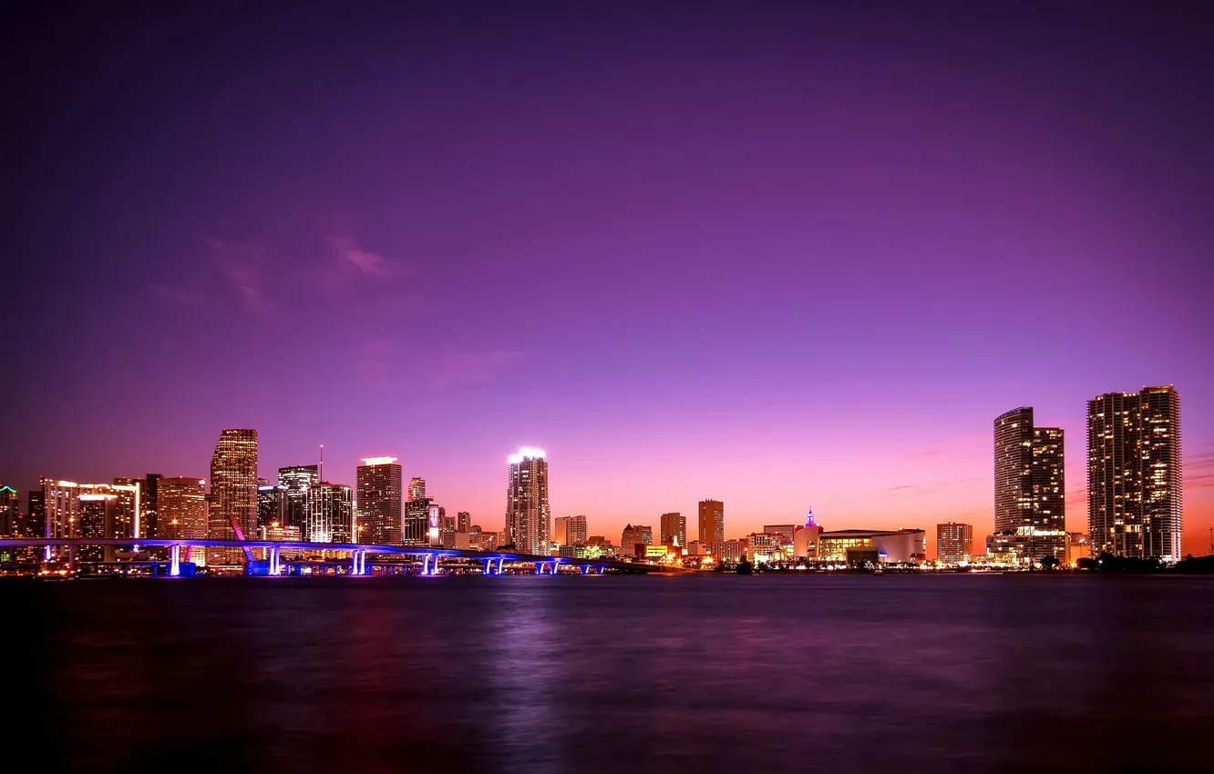 Photo wallpaper city, lights, Miami, the evening, FL, Miami, purple, Florida