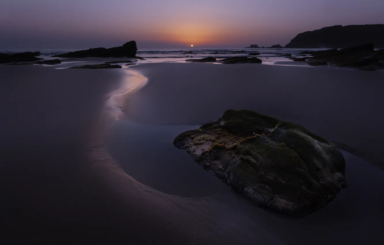Photo wallpaper sand, sea, the sky, the sun, sunset, mountains, stones, tide