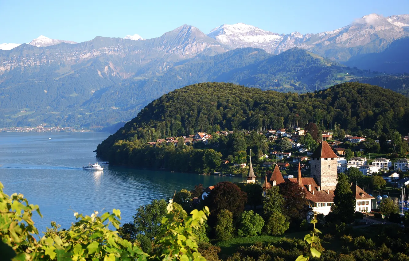 Photo wallpaper mountains, the city, lake, photo, home, Switzerland, Spiez