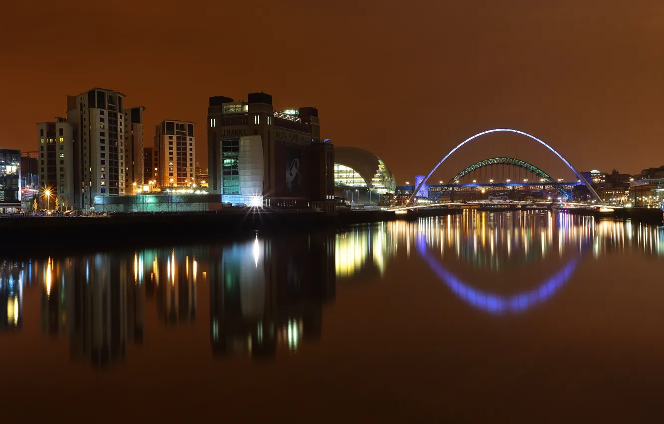 Photo wallpaper bridge, lights, reflection, river, England, building, lighting, UK