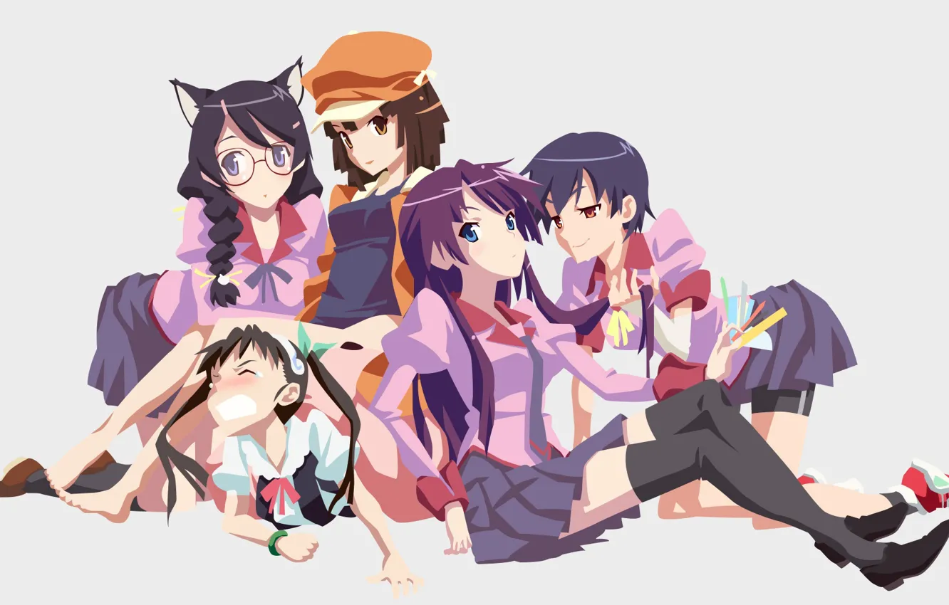 Photo wallpaper background, girls, a bunch, Bakemonogatari