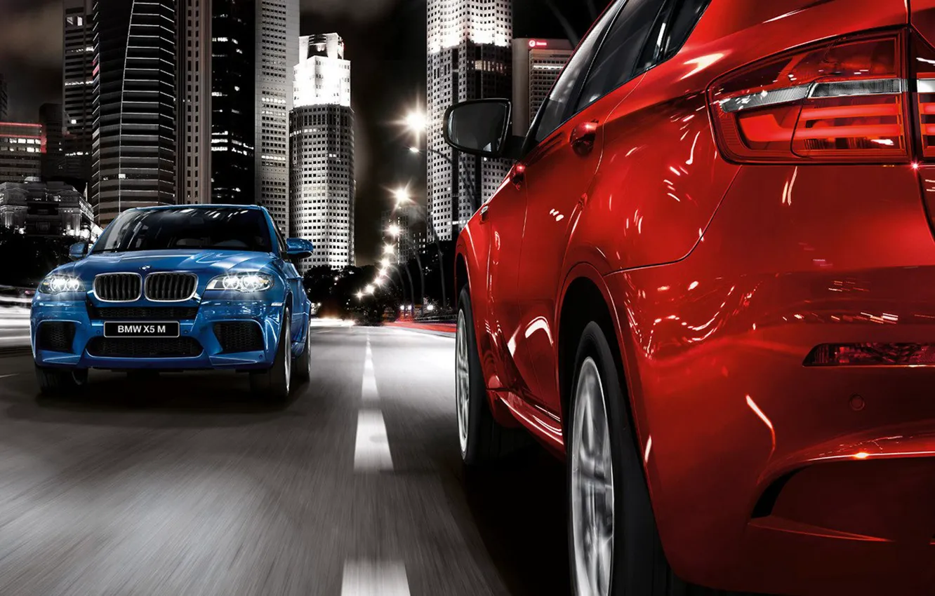 Photo wallpaper road, blue, red, the city, BMW, lights, bmw x5, the opposite