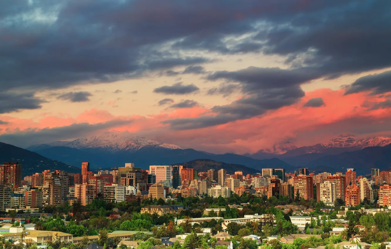 Photo wallpaper clouds, trees, landscape, mountains, the city, home, panorama, Chile