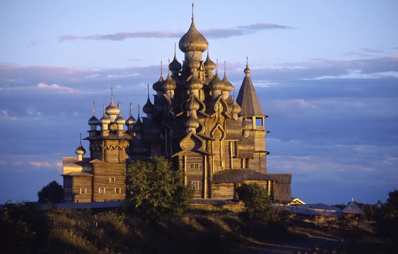 Photo wallpaper Russia, sky, sunset, clouds, Karelia, Kizhi Island, Church of the Transfiguration