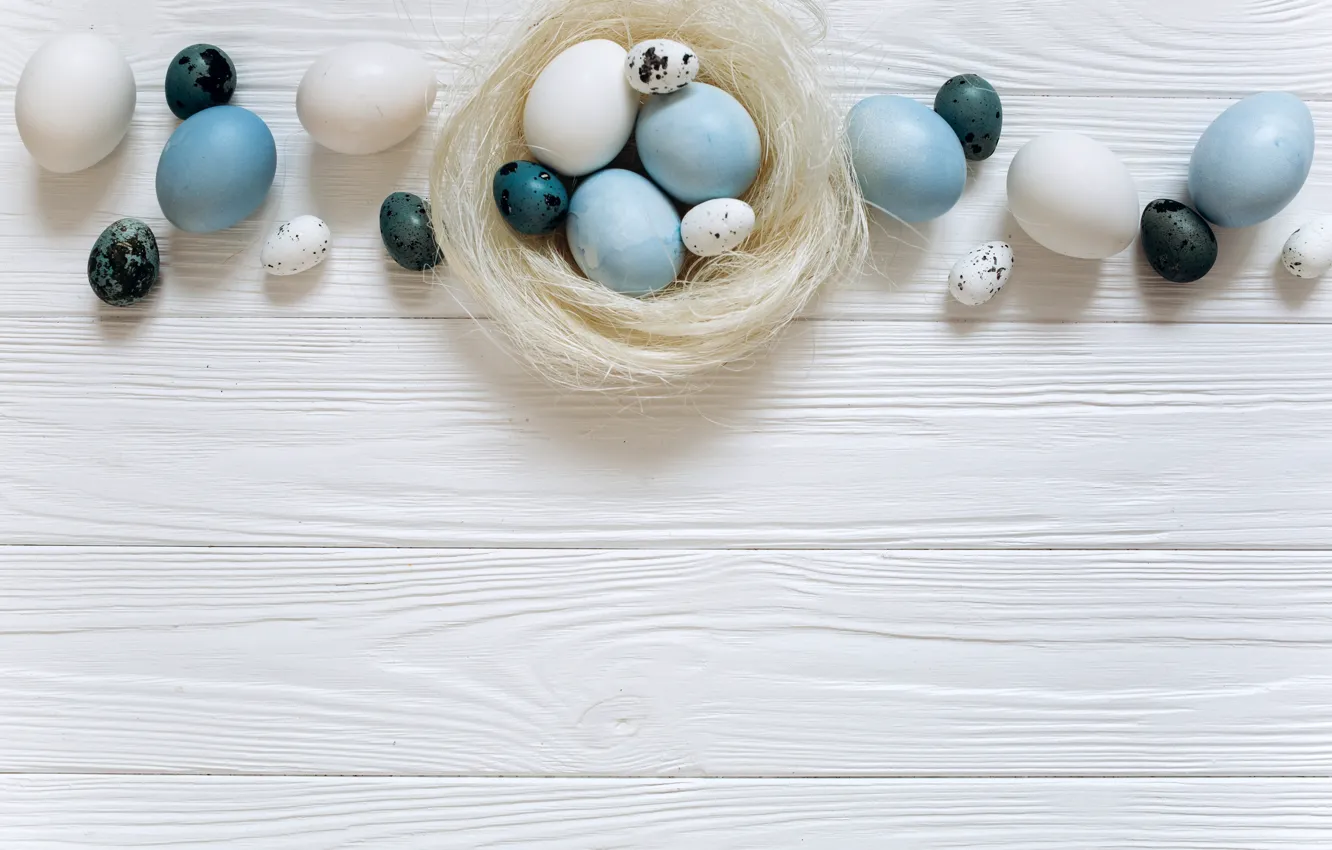 Photo wallpaper eggs, blue, Easter, white, white, wood, blue, spring