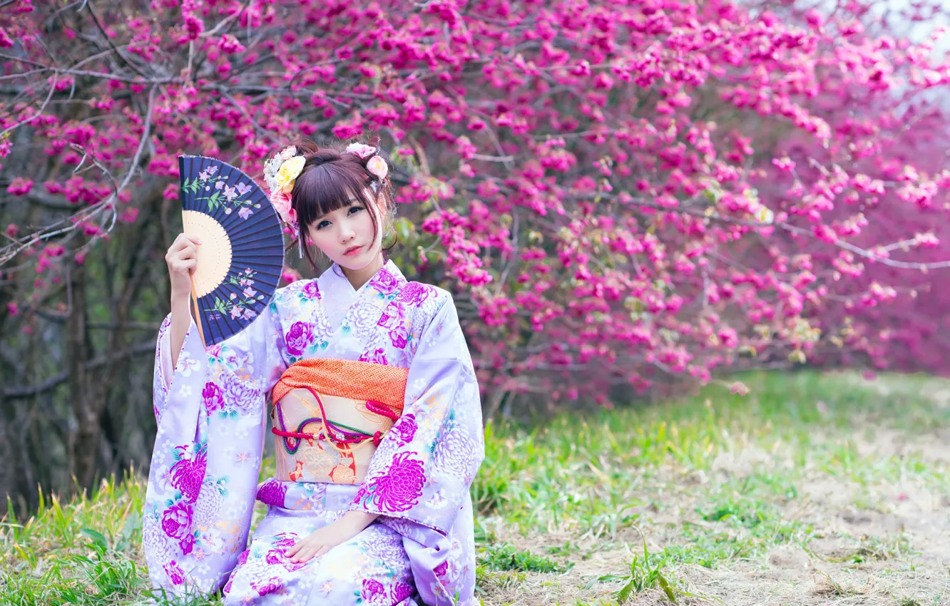 Photo wallpaper girl, spring, garden, Asian