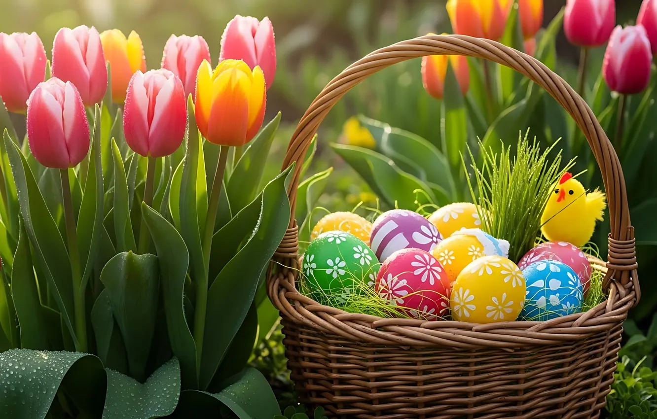 Photo wallpaper flowers, basket, eggs, spring, colorful, Easter, tulips, flowers