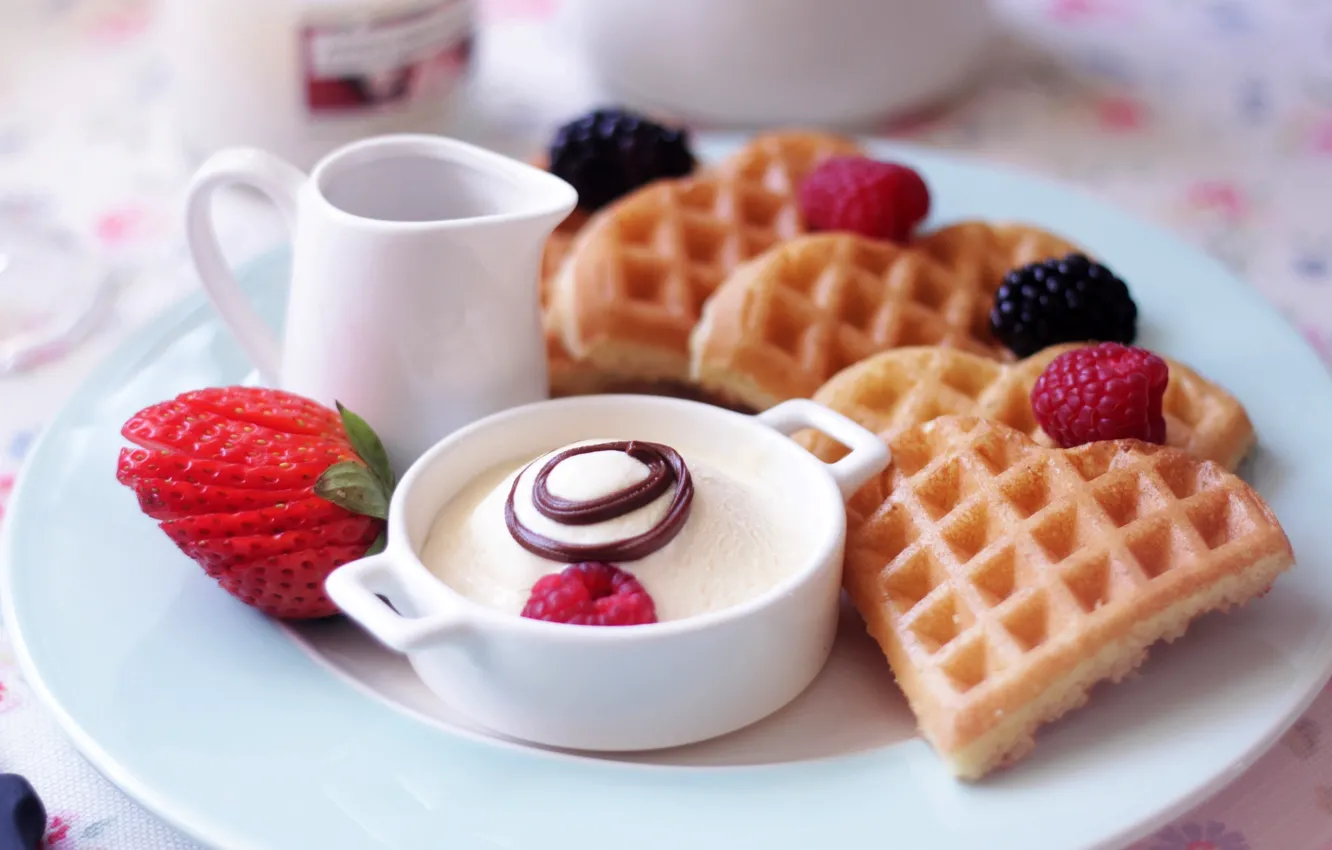 Photo wallpaper berries, raspberry, food, Breakfast, strawberry, plate, dessert, waffles