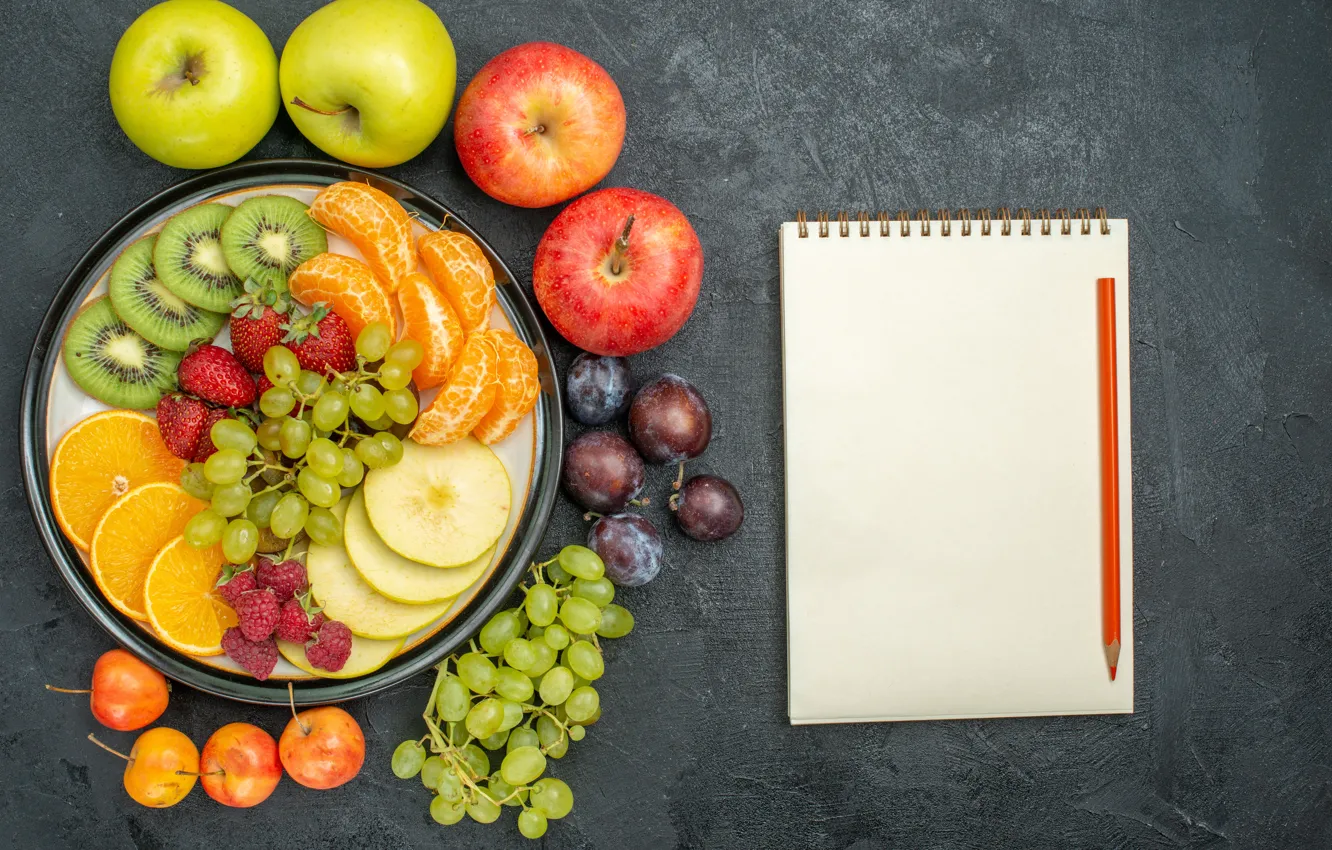 Photo wallpaper Notepad, fruit, different, cuts