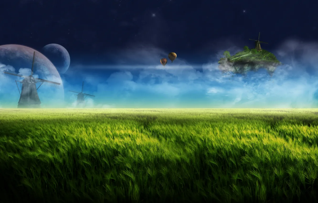 Photo wallpaper the sky, clouds, night, balloons, fantasy, dream, planet, mill