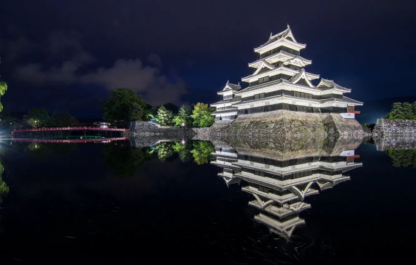 Photo wallpaper landscape, river, night lights, Japan, temple
