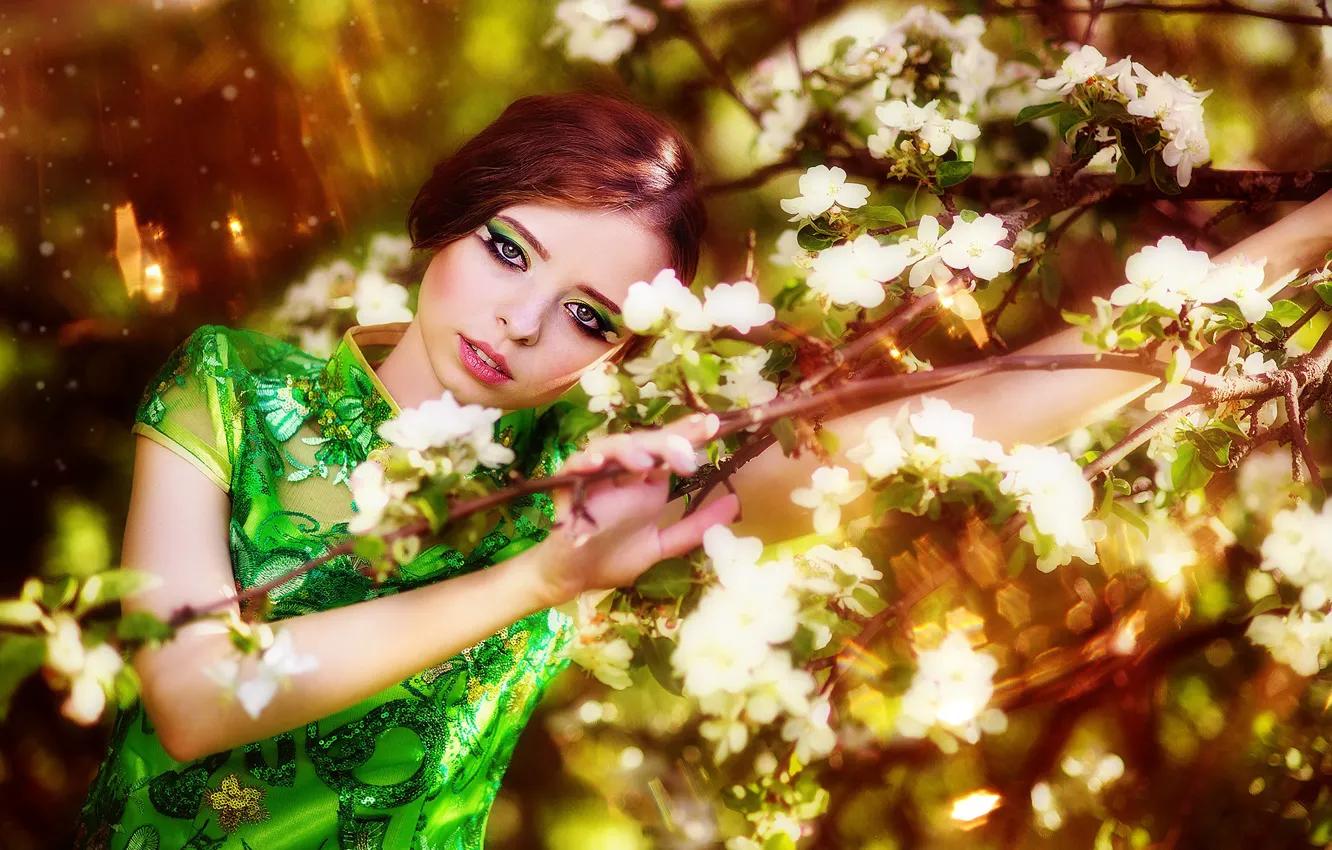 Photo wallpaper look, girl, branches, makeup, dress, brown hair, flowering, Igor Petrovnin