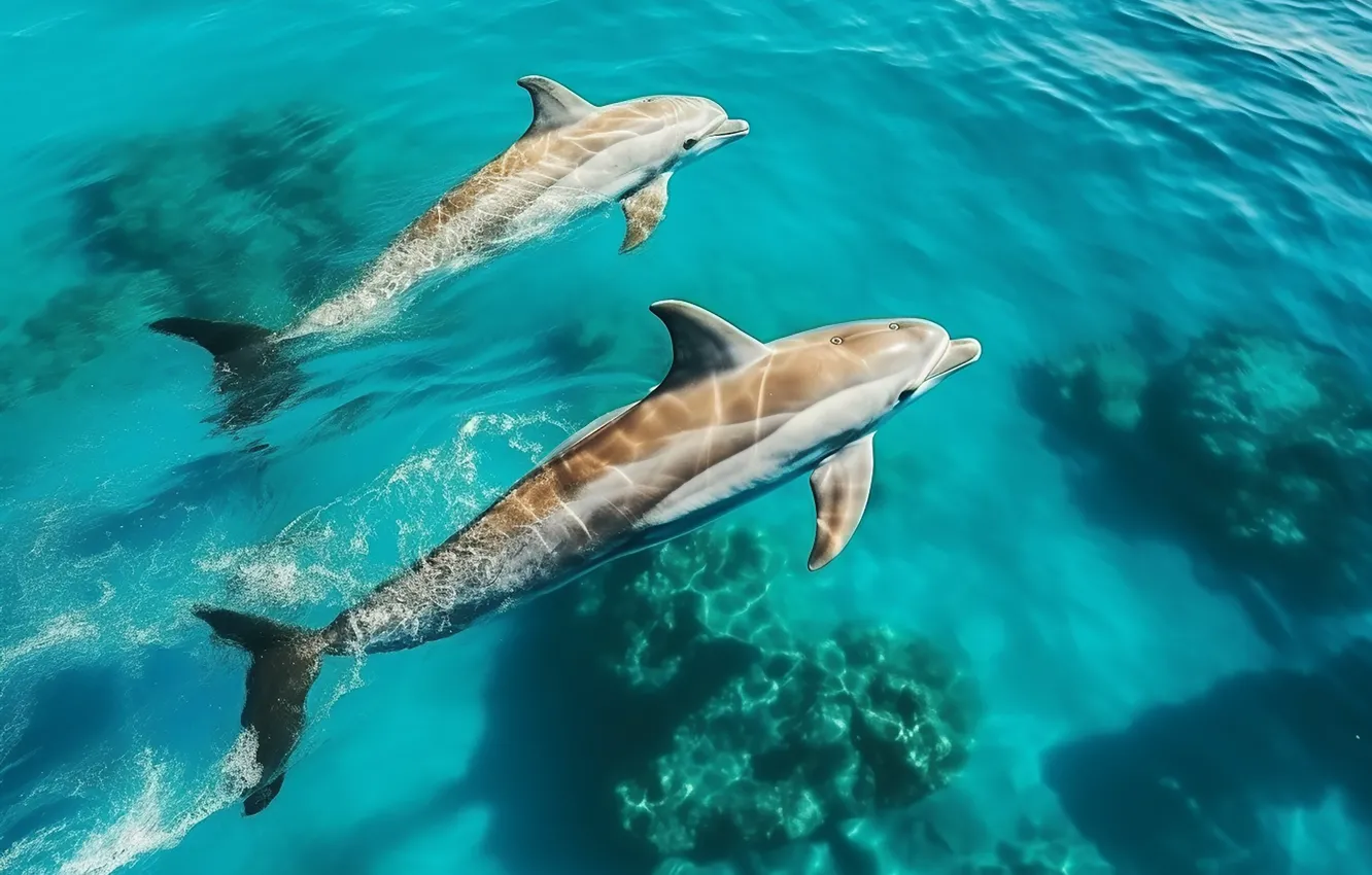 Photo wallpaper sea, wave, water, the ocean, dolphins, swimming, Marine Animals, AI art