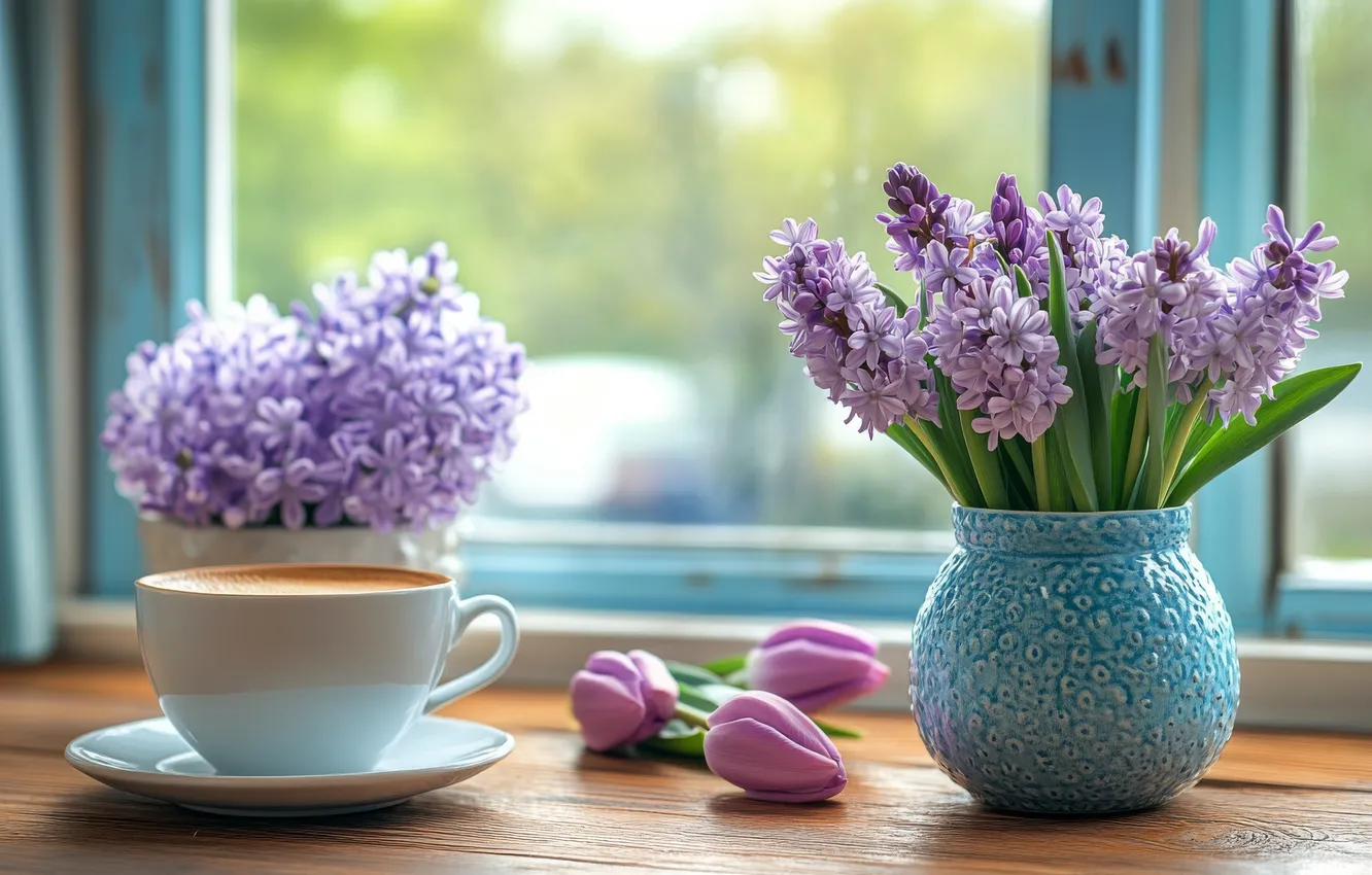 Photo wallpaper glass, flowers, coffee, bouquet, spring, window, Cup, tulips