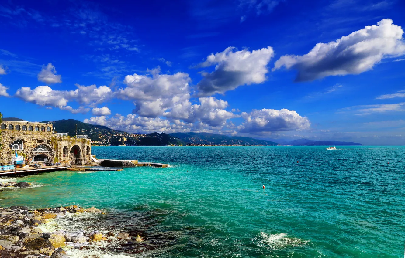 Photo wallpaper sea, the sky, clouds, mountains, coast, Italy, sky, ocean