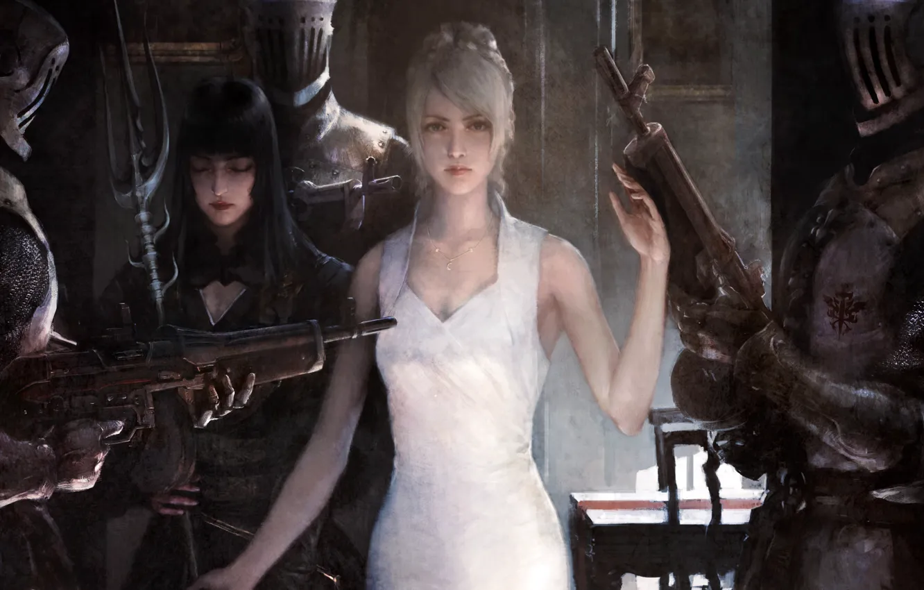 Photo wallpaper girl, gun, game, Final Fantasy, armor, dress, weapon, woman