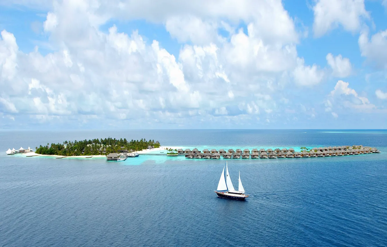 Photo wallpaper the ocean, island, sailboat, The Maldives, the hotel