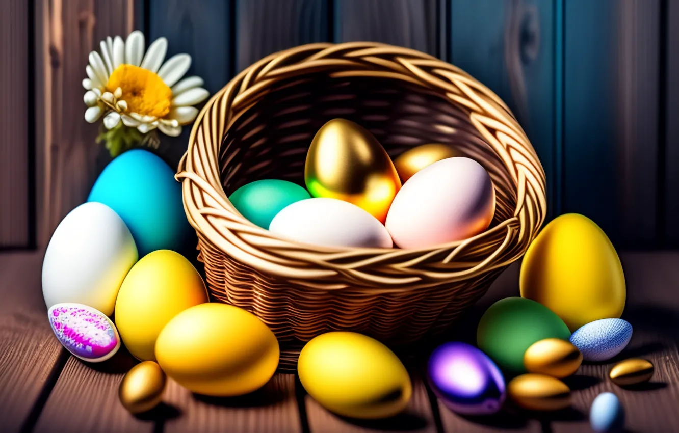 Photo wallpaper flower, bright, eggs, Daisy, Easter, basket, colorful, eggs