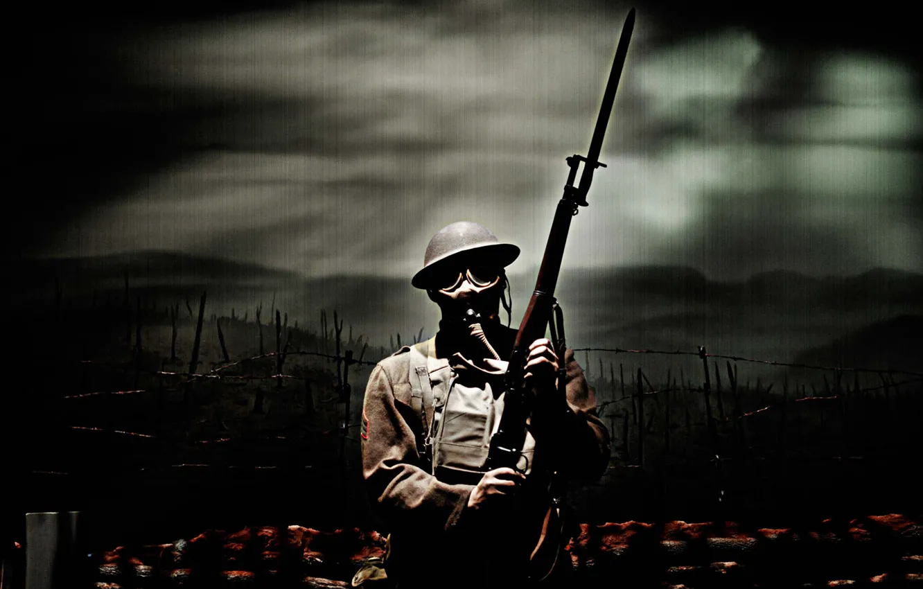 Photo wallpaper soldiers, gas mask, rifle, The first world war, bayonet