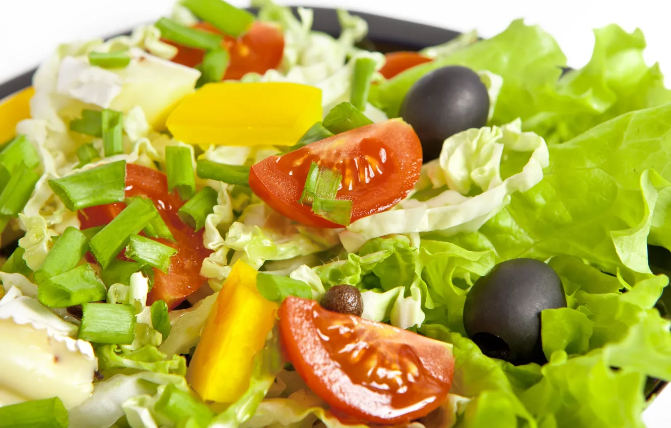 Photo wallpaper leaves, cheese, bow, pineapple, tomatoes, olives, cabbage, leaves