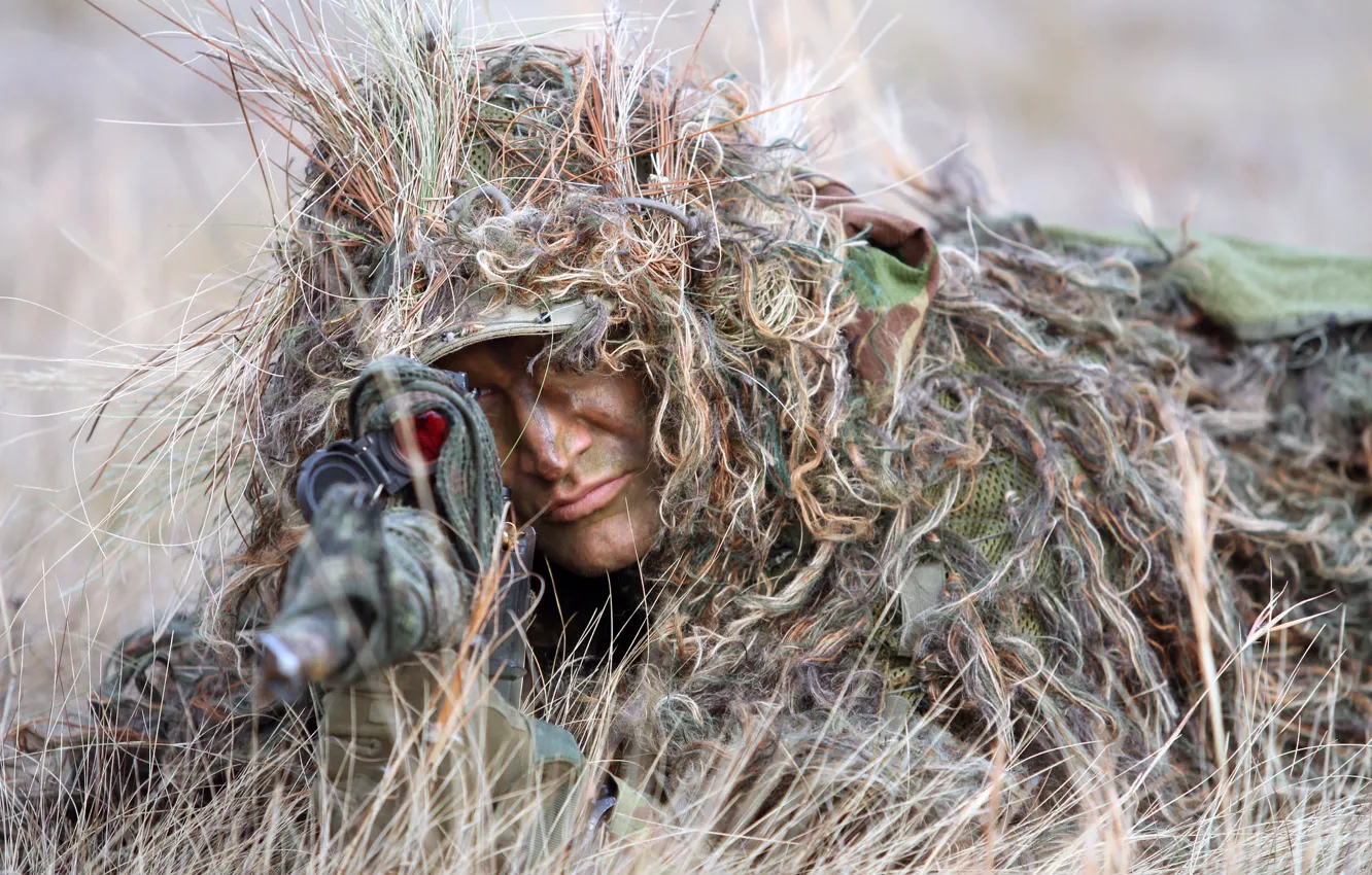 Photo wallpaper grass, face, ambush, disguise, sniper, sight, rifle, sniper
