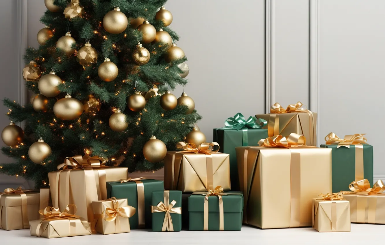 Photo wallpaper decoration, room, gift, balls, tree, new year, interior, Christmas