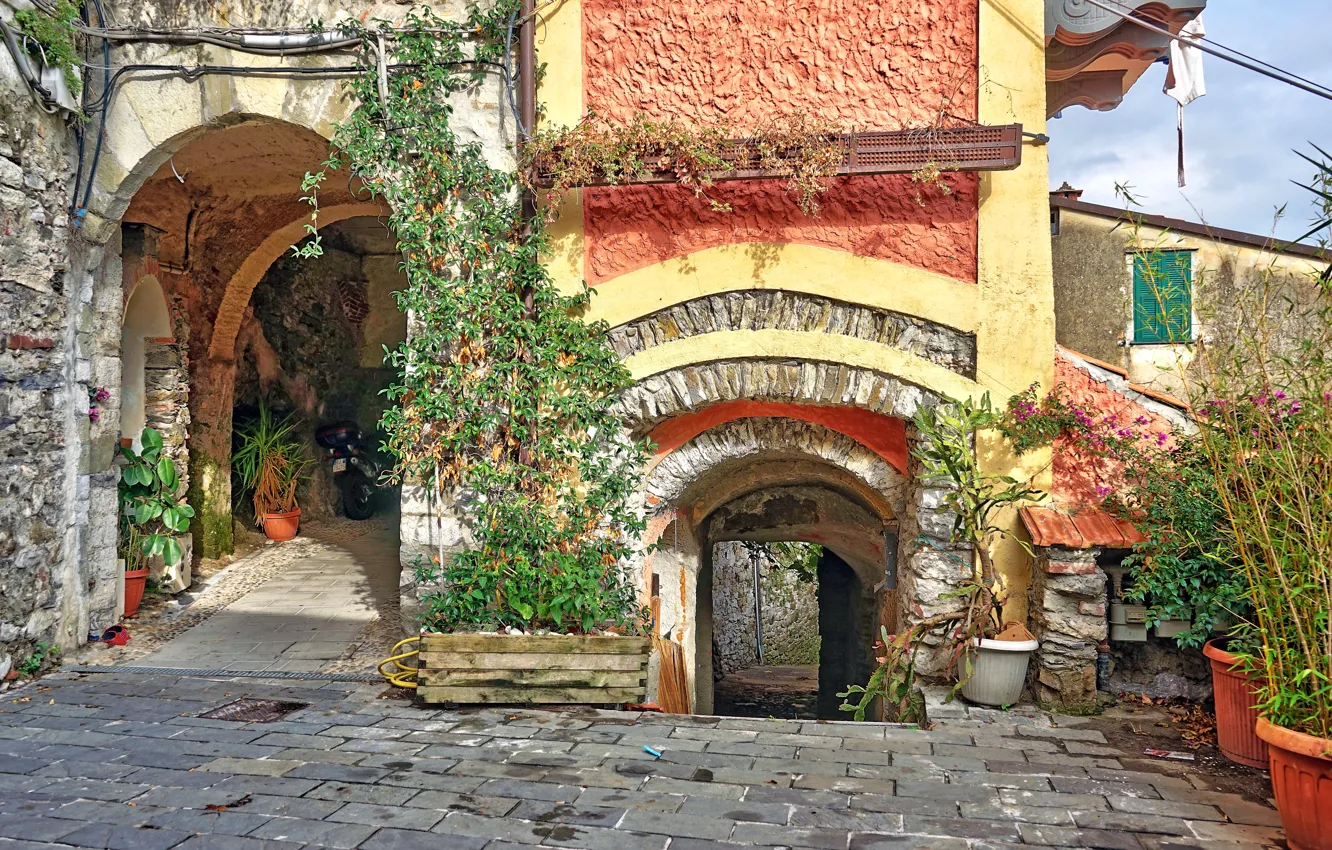 Photo wallpaper flowers, house, plants, Italy, arch, Vezzano Ligure