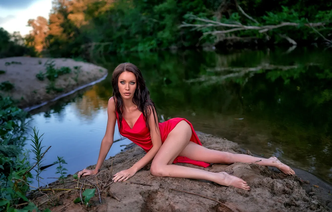 Photo wallpaper look, girl, nature, pose, river, brunette, legs, red dress