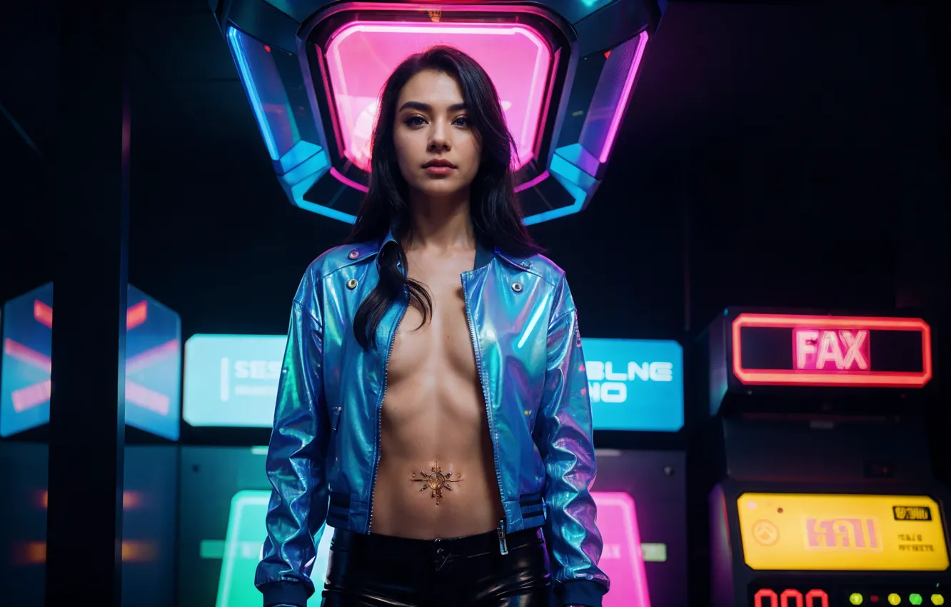 Photo wallpaper long hair, Neon, women, asian, digital art, cyborg, Cyberpunk, looking at viewer