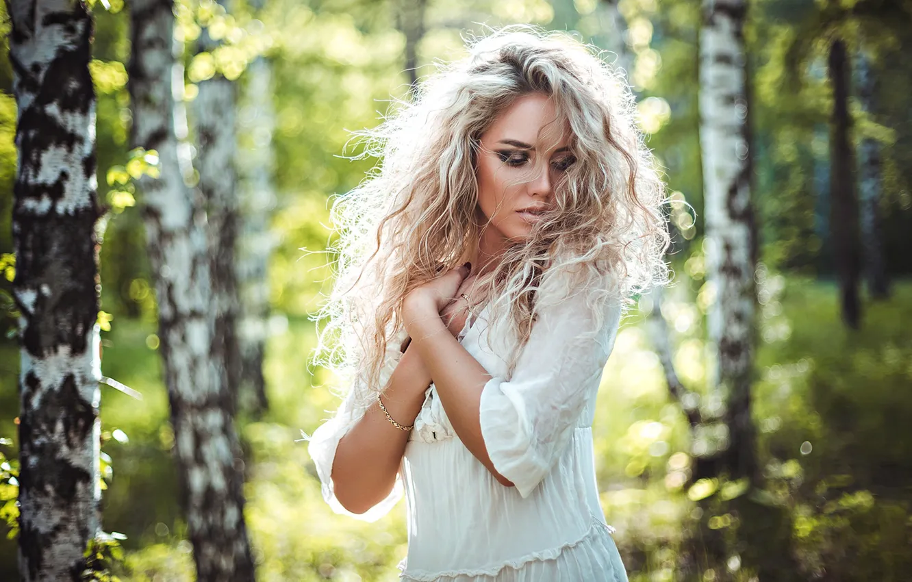 Photo wallpaper trees, pose, mood, model, blonde, birch, grove, curls