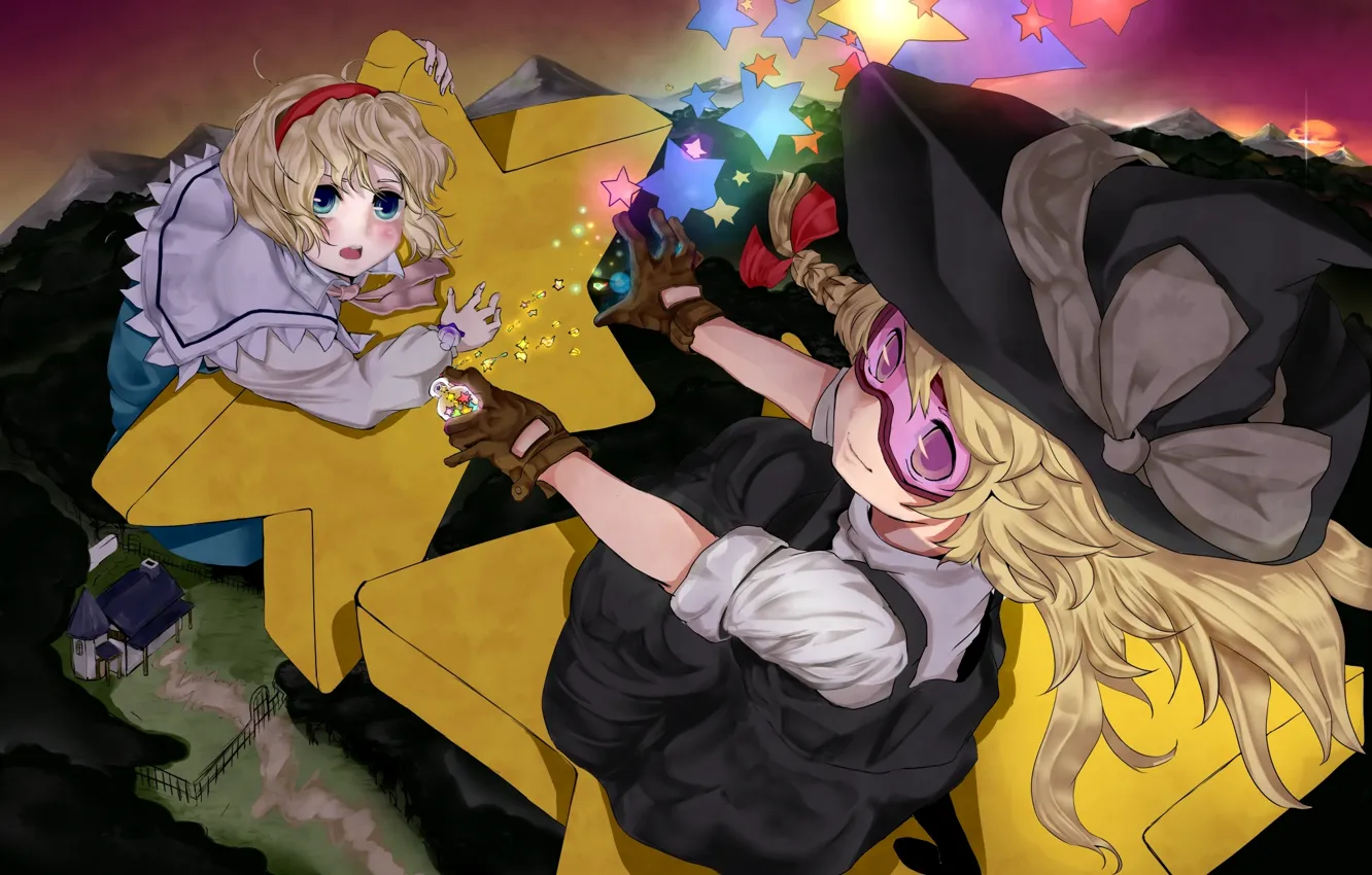 Photo wallpaper the sky, girl, stars, flight, sunset, mountains, home, hat