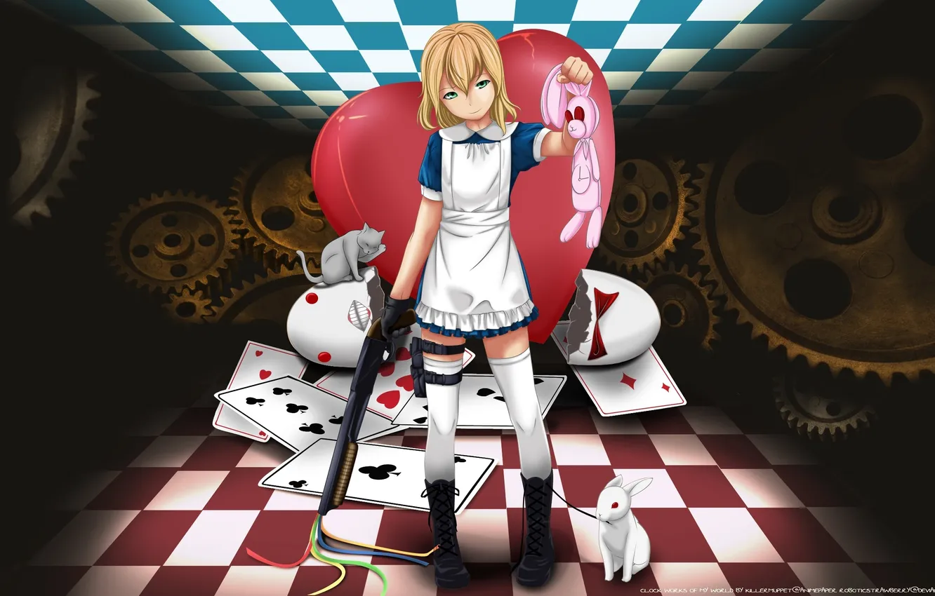 Photo wallpaper cat, girl, heart, watch, map, rabbit, shotgun