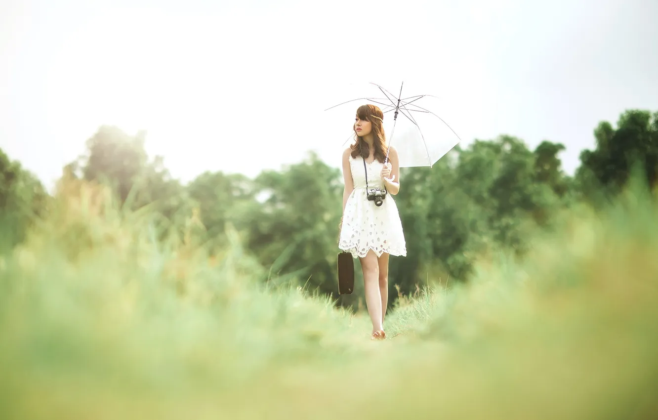 Photo wallpaper field, girl, umbrella