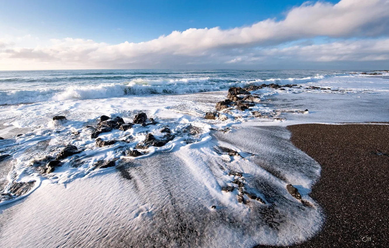 Photo wallpaper sand, sea, the sky, foam, shore, surf