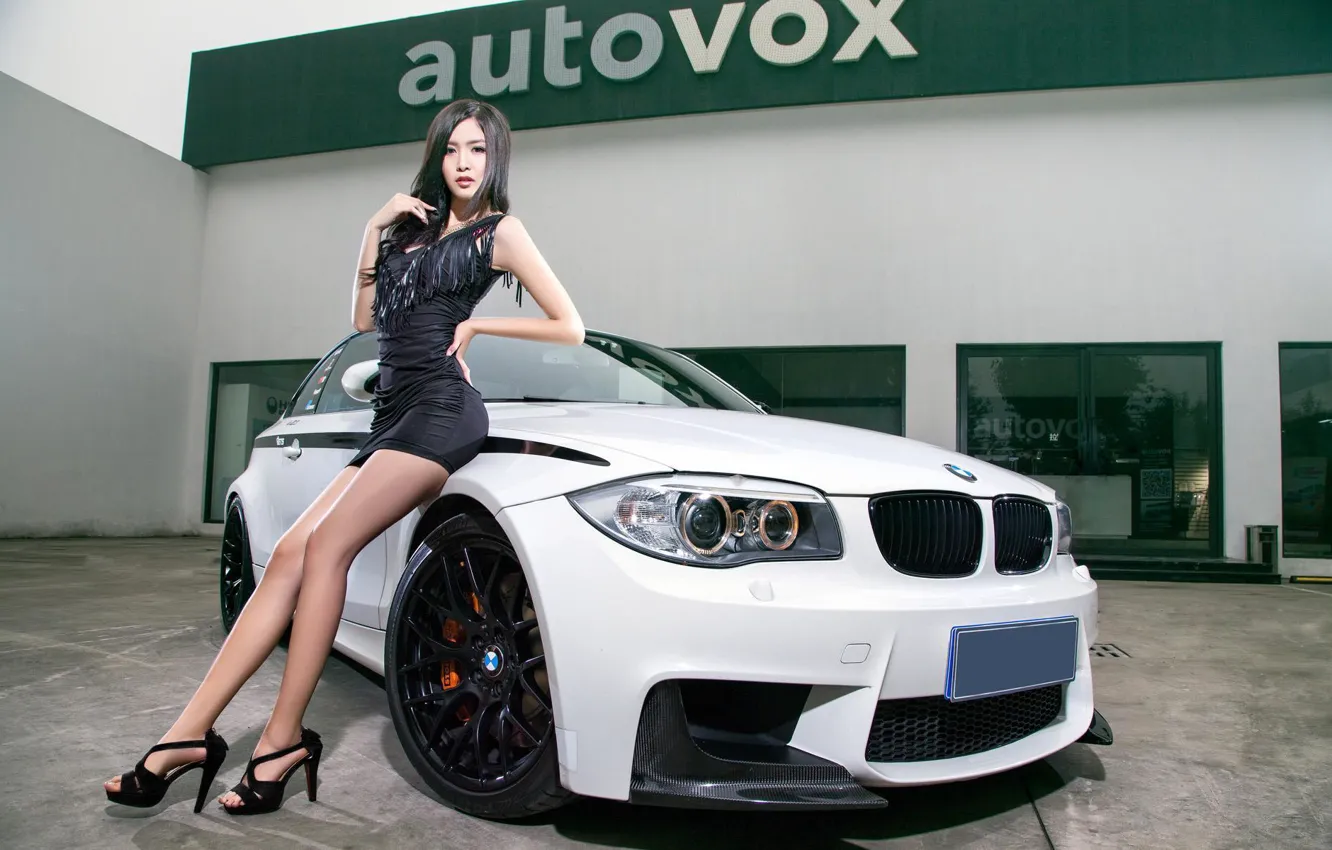 Photo wallpaper Girls, BMW, Asian, beautiful girl, white car, beautiful dress, vhglyad, posing on the car