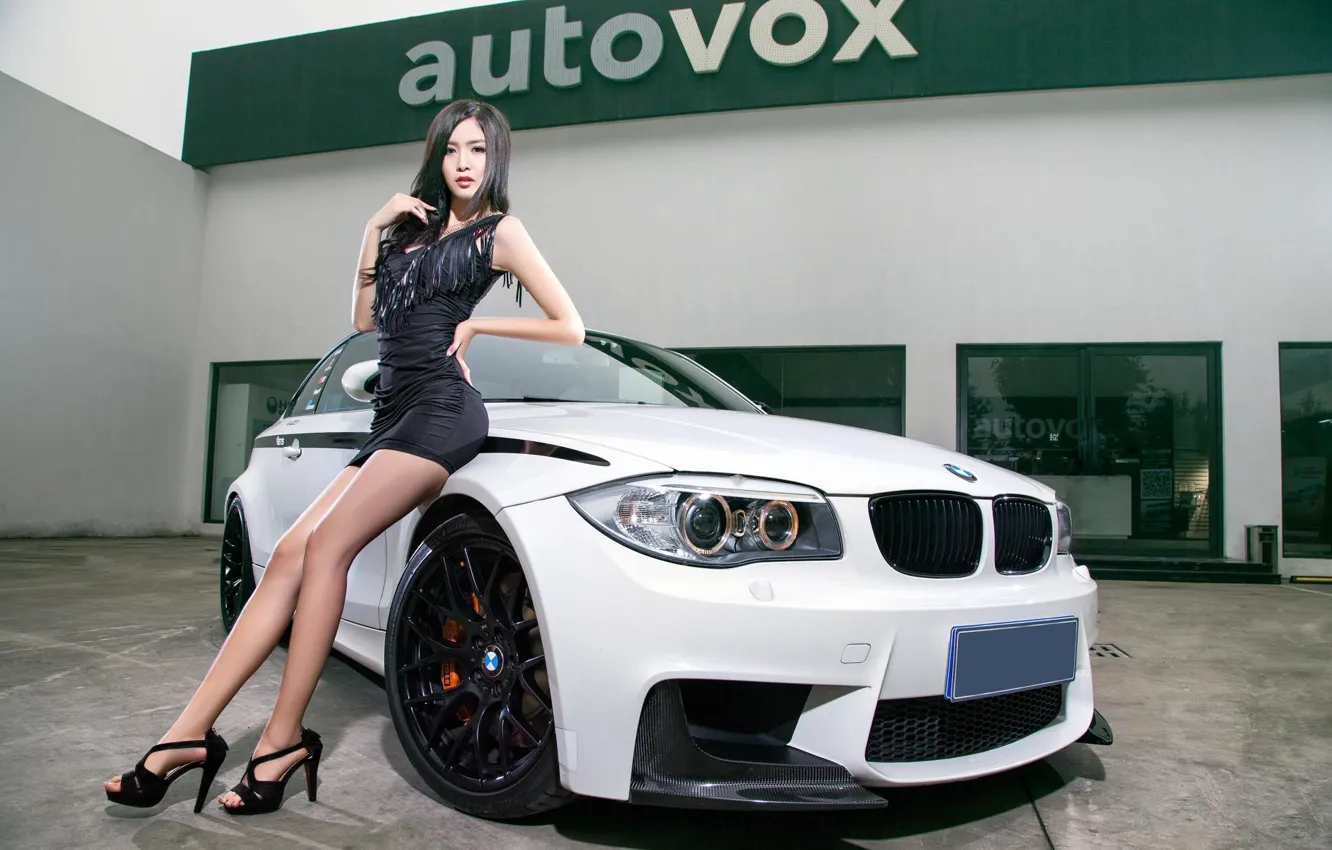 Photo wallpaper girl, BMW, Asian, beautiful girl, white car, beautiful dress, vhglyad, posing on the car