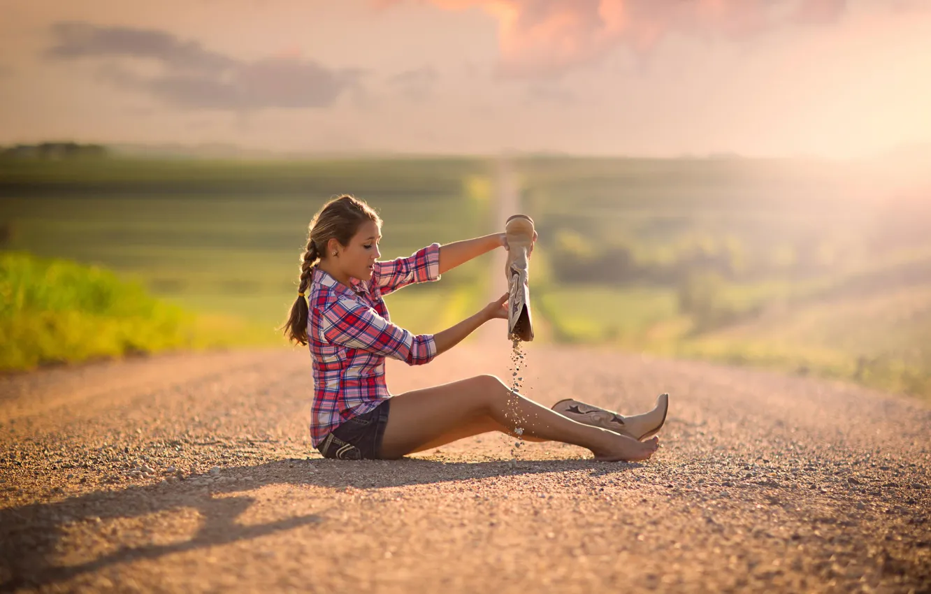 Photo wallpaper road, sand, girl, boots, space, bokeh