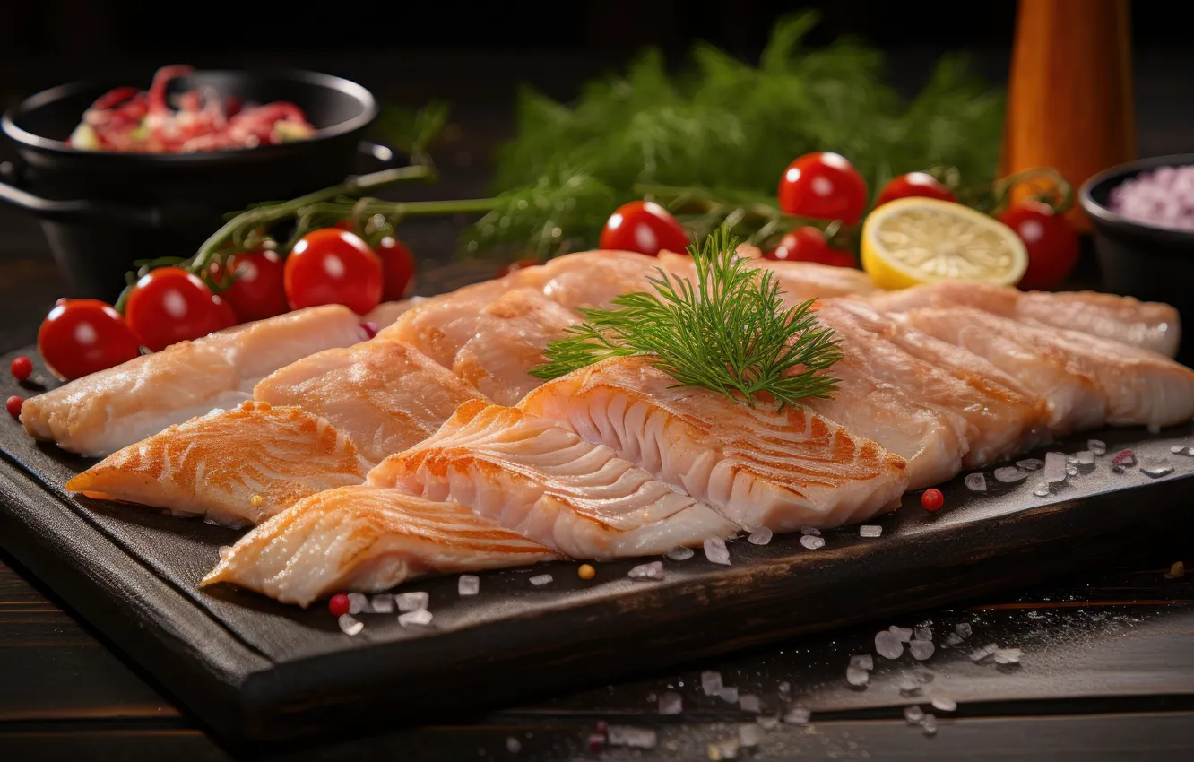Photo wallpaper fish, dish, cooking, AI art, fillet of fish, neural network